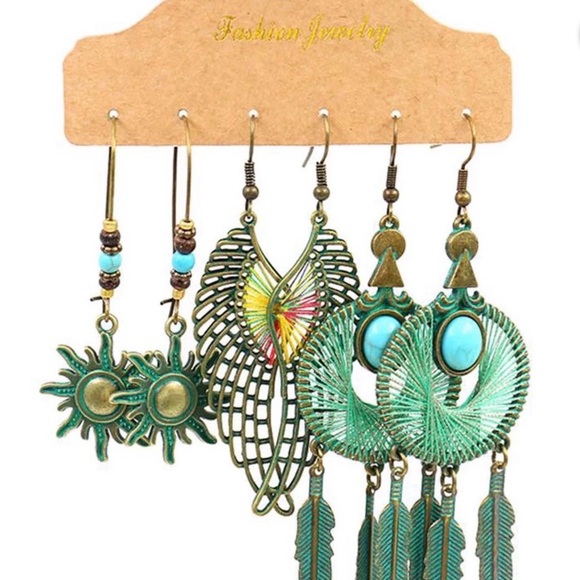 Boho Turquoise and Gold Angel Wing Earrings Set - Picture 2 of 2